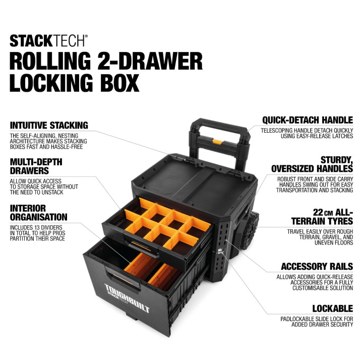TOUGHBUILT Zamykana skrzynka na kółkach z 2 szufladami StackTech TB-B1-D-R92
