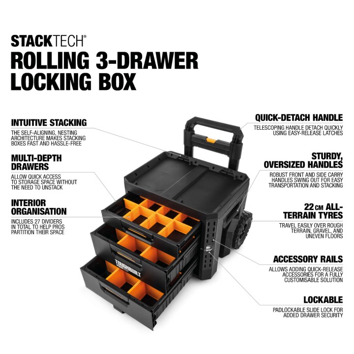 TOUGHBUILT Zamykana skrzynka na kółkach z 3 szufladami StackTech TB-B1-D-R93-BEA